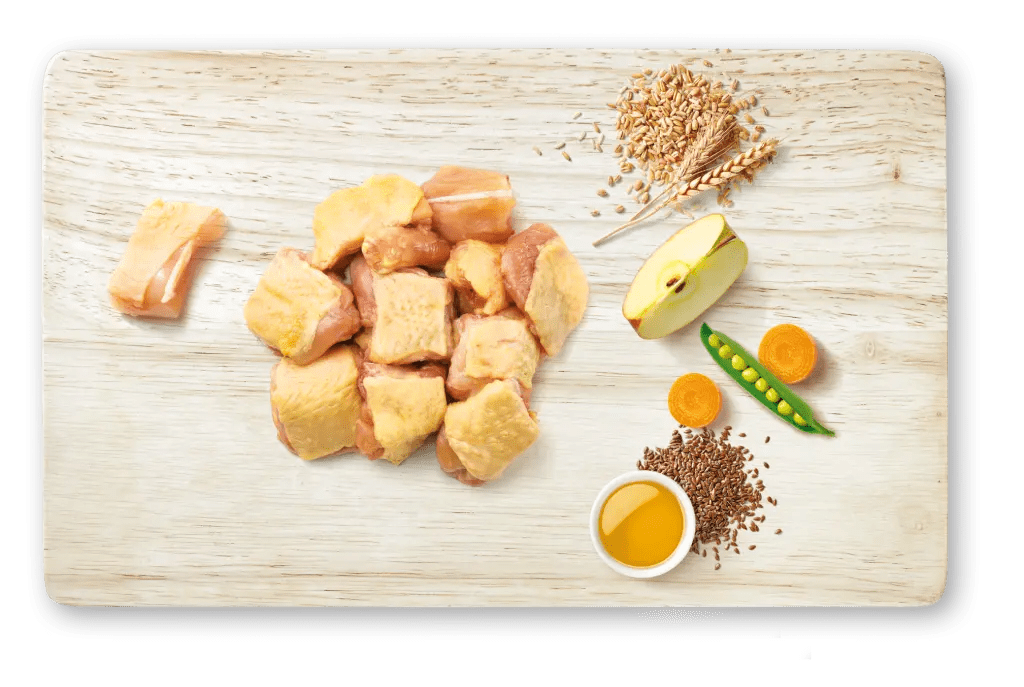 Amb pollastre fresc, cereals integrals, verdures i fruites