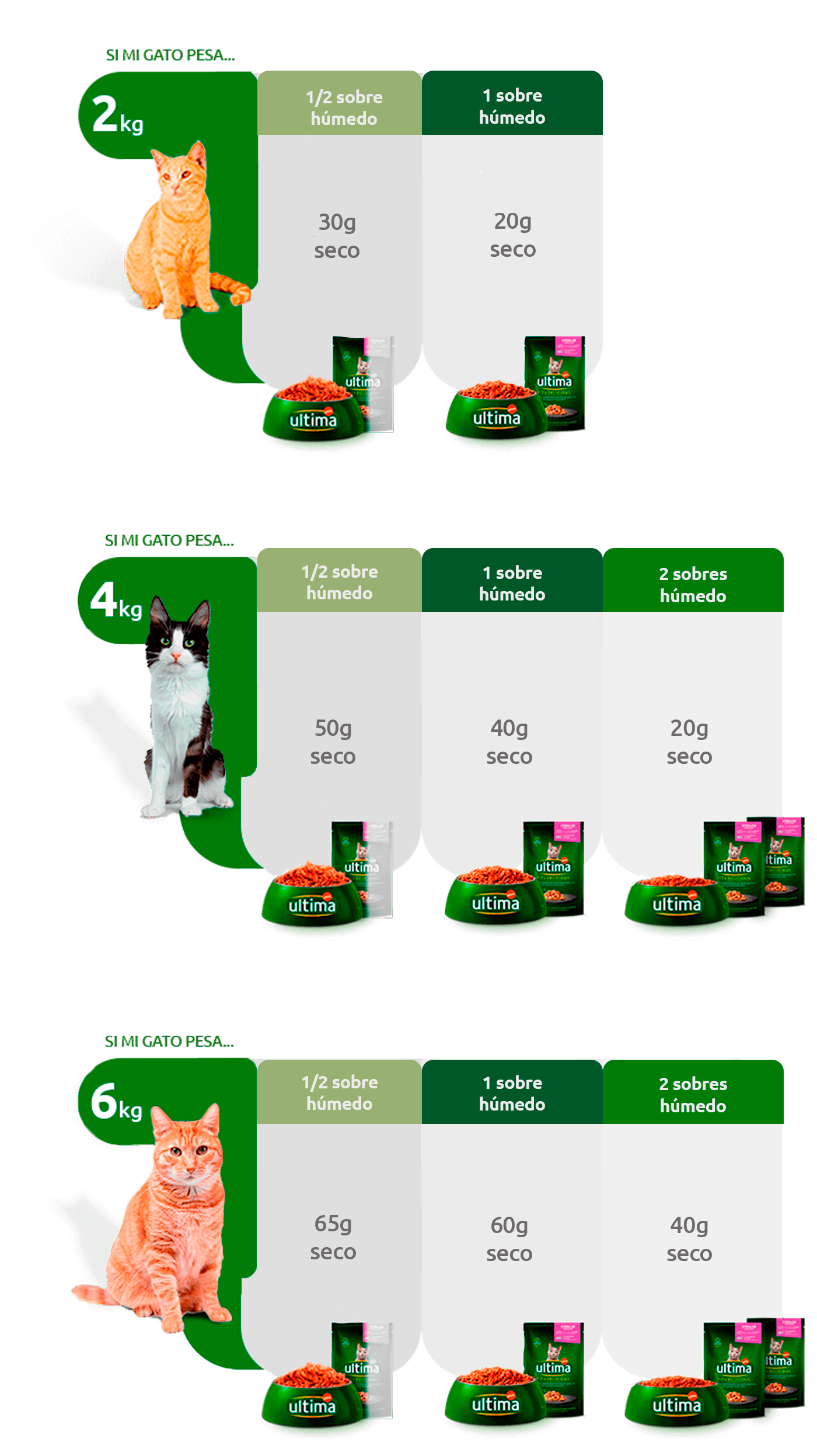 Raciones diarias recomendadas seg&uacute;n peso del gato