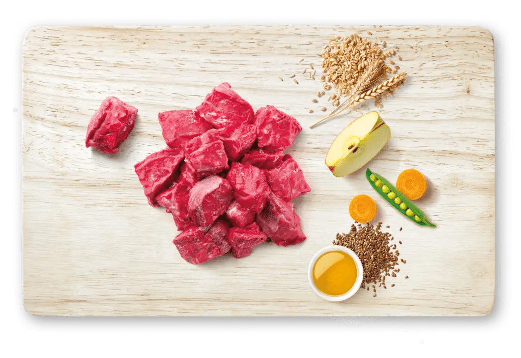 Avec du boeuf, des c&eacute;r&eacute;ales compl&egrave;tes, des l&eacute;gumes et de la pomme