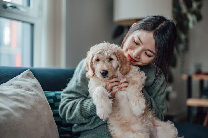 Une femme serre son chien dans ses bras