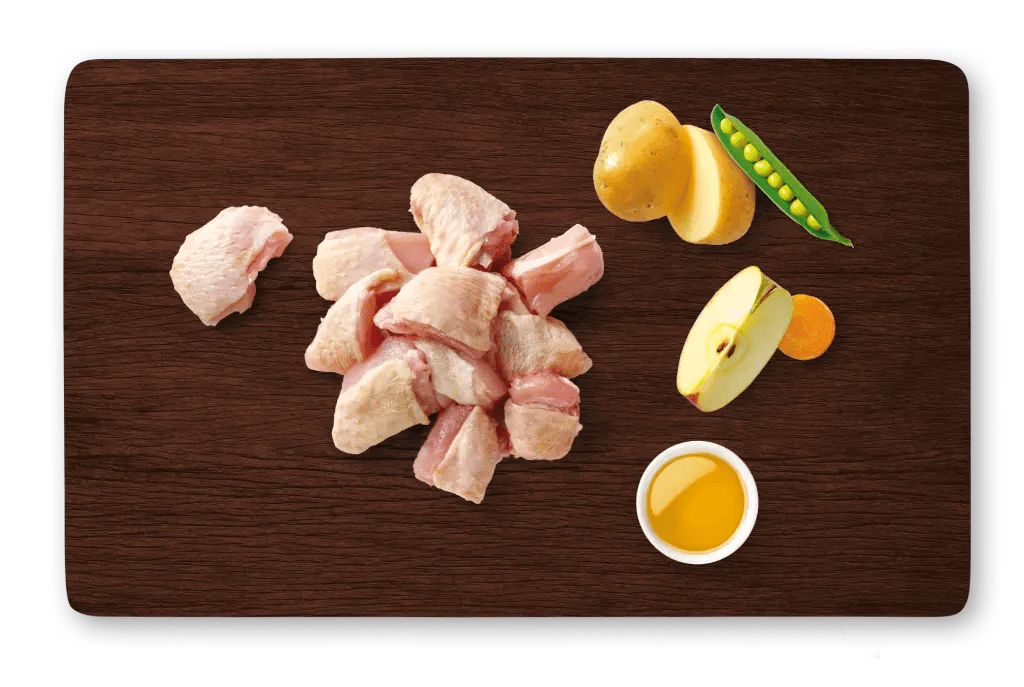 Peru fresco, batatas e ervilhas, vegetais e frutas