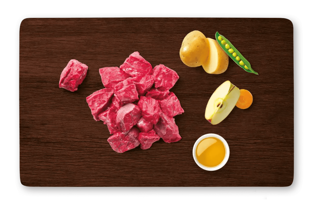 With fresh beef, potatoes and peas, vegetables and fruits