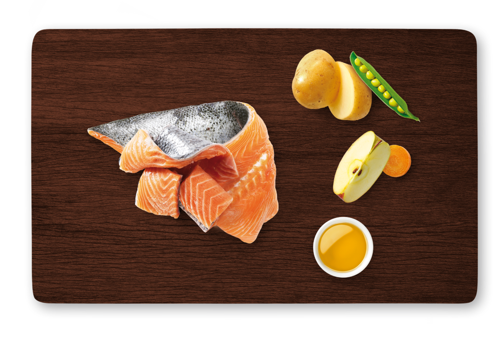With fresh atlantic salmon, vegetables and apple