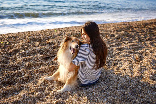 Chica con su perro en la arena de la playa